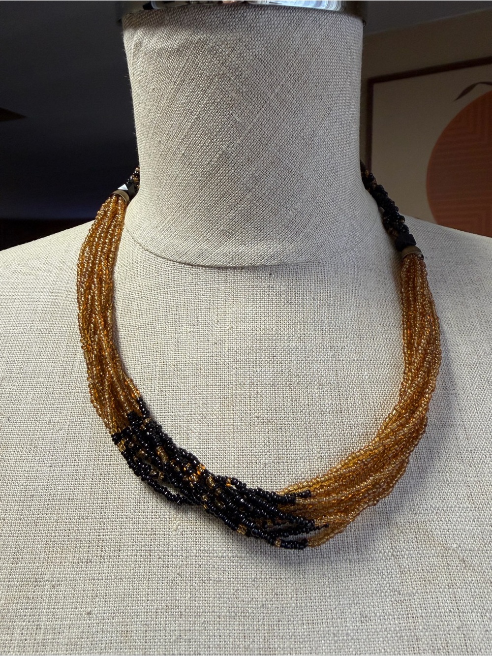 Vintage Multi-Strand Seed Bead Statement Necklace - Amber & Black